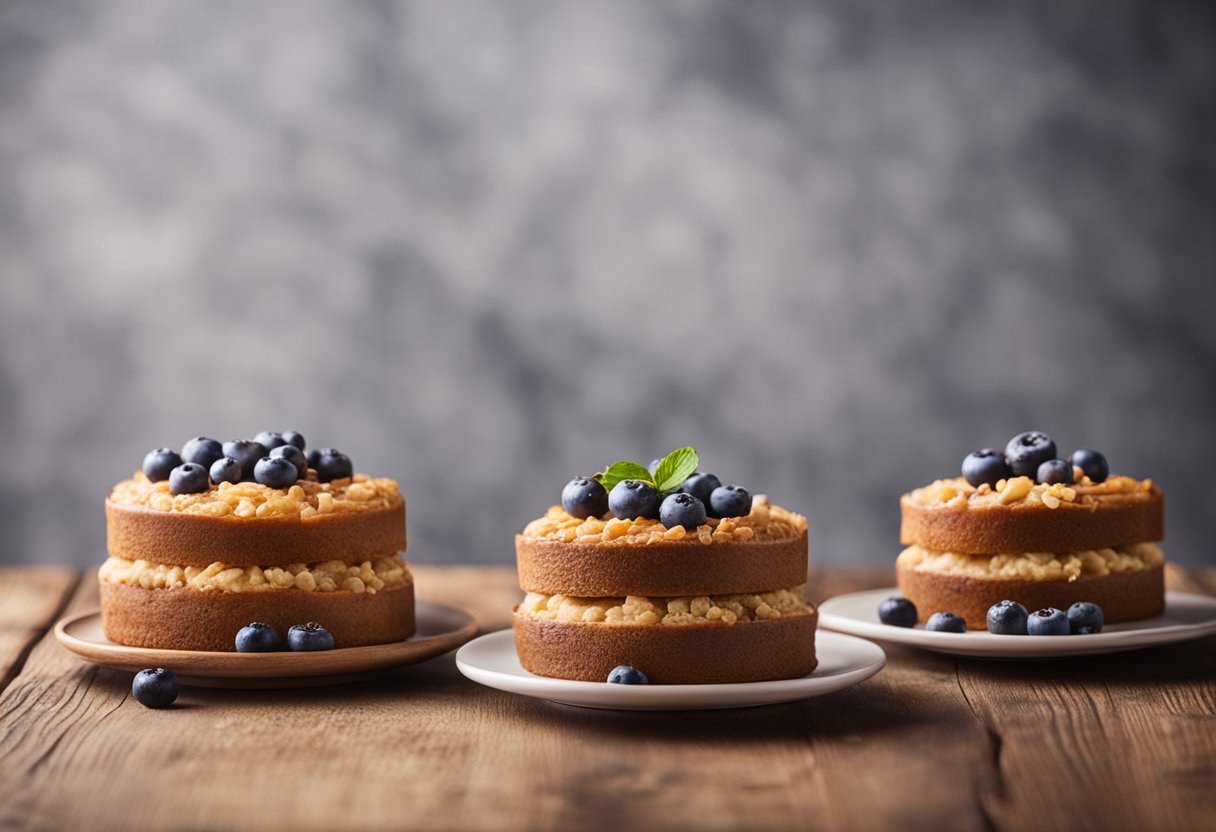 Uma mesa com três bolos saudáveis recém-assados, cada um com diferentes ingredientes de baixo açúcar, como frutas e grãos integrais.