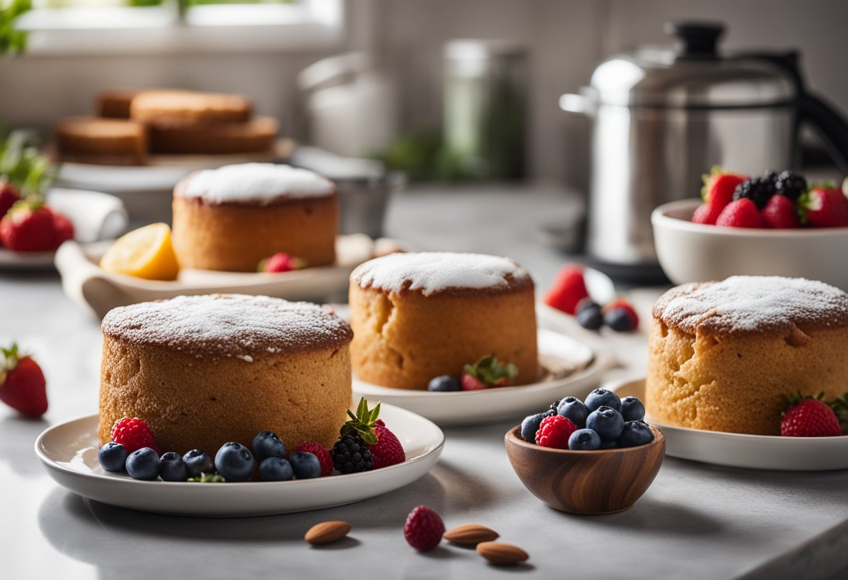 Uma bancada de cozinha com três bolos saudáveis recém-assados, cercados por ingredientes como farinha de amêndoa, óleo de coco e frutas vermelhas.