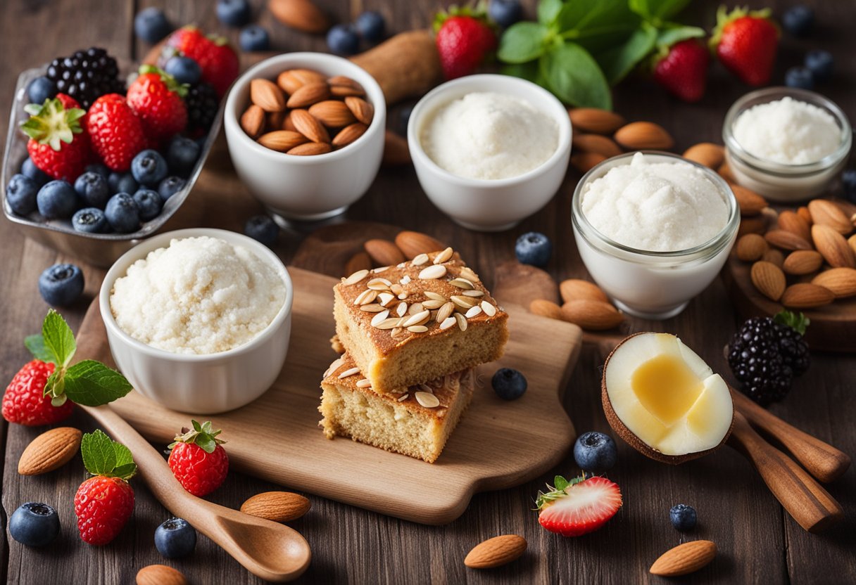 Uma bancada de cozinha com ingredientes para bolos de dieta saudável: farinha de amêndoa, óleo de coco e frutas vermelhas frescas