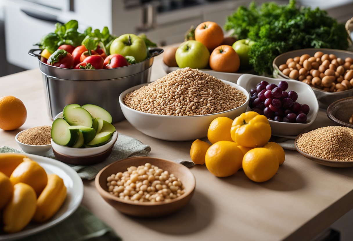 Uma bancada de cozinha colorida com frutas frescas, vegetais, grãos e leguminosas dispostos para o planejamento das refeições. Um caderno e uma caneta estão próximos para anotar ideias.