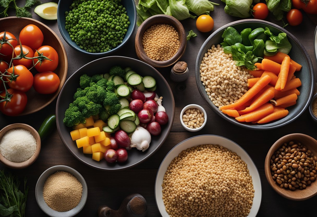 Uma bancada de cozinha com uma variedade de vegetais frescos, grãos e proteínas dispostos, junto com recipientes de ingredientes sobrando sendo reaproveitados em novos pratos.