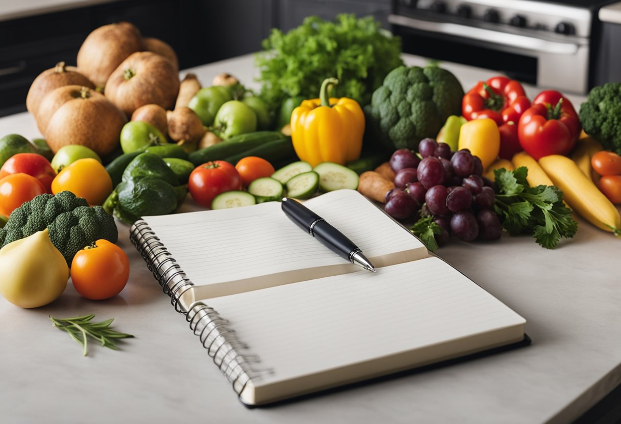 Uma variedade colorida de produtos frescos e itens básicos de despensa dispostos em uma bancada de cozinha, com um caderno e uma caneta por perto para planejamento de refeições.