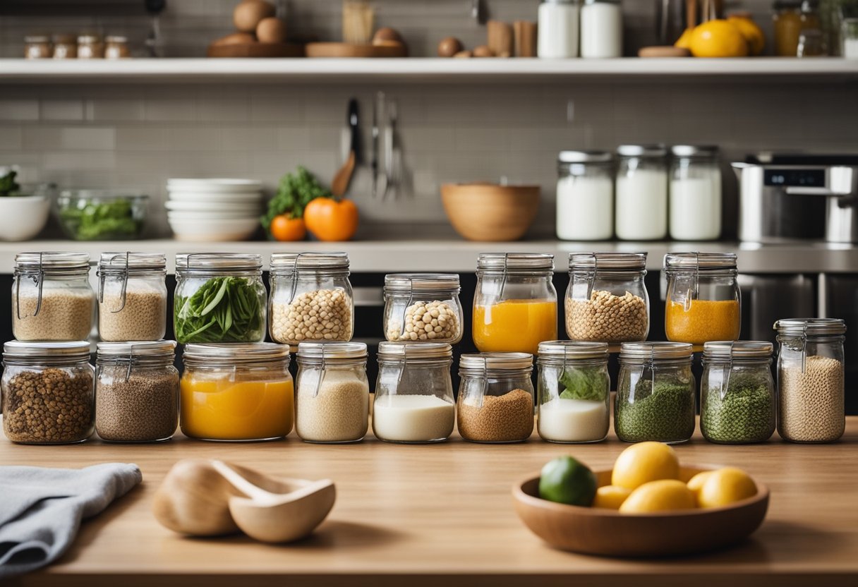 Uma bancada de cozinha com ingredientes variados sendo organizados em um plano de refeições semanal, com foco na reutilização de ingredientes.