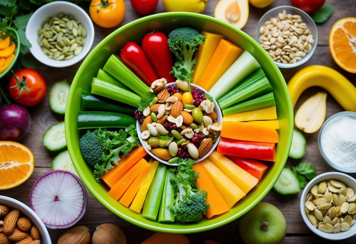 A colorful array of fresh vegetables and fruits arranged in a vibrant salad bowl, with a variety of nuts and seeds sprinkled on top