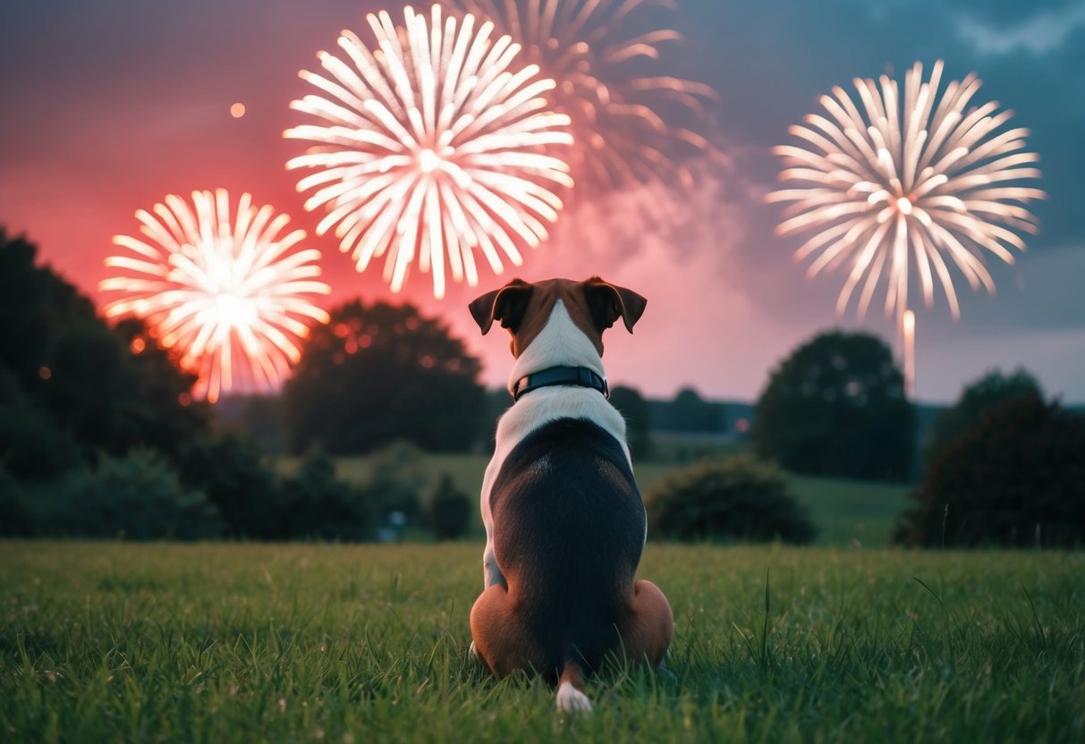 A dog watching holiday fireworks from a grassy field