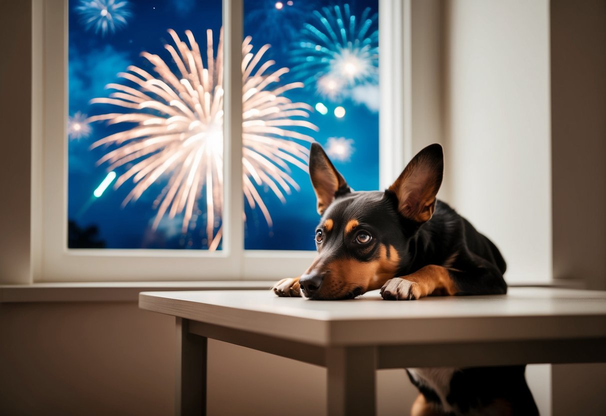 A dog cowering under a table, ears pinned back, eyes wide with fear as fireworks explode outside the window