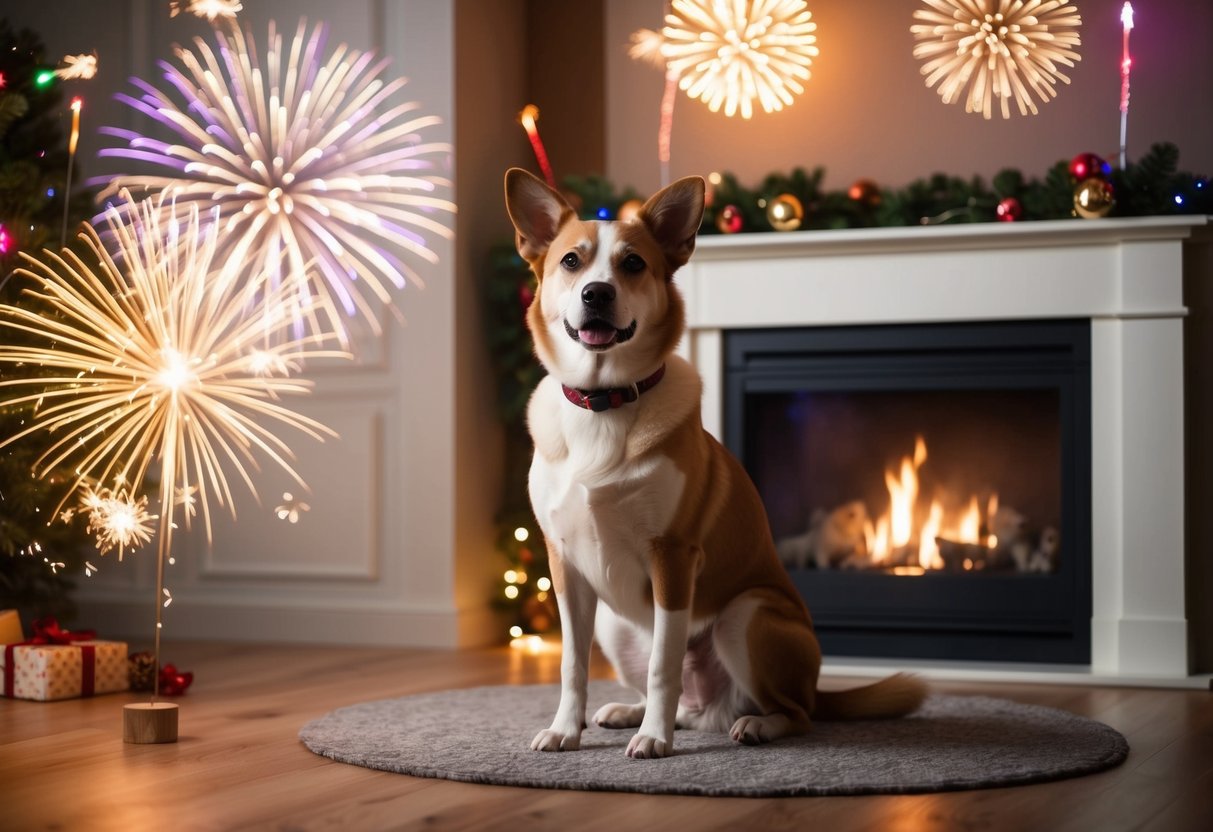 A dog sitting by a cozy fireplace, surrounded by colorful fireworks and sparklers, with a festive holiday atmosphere