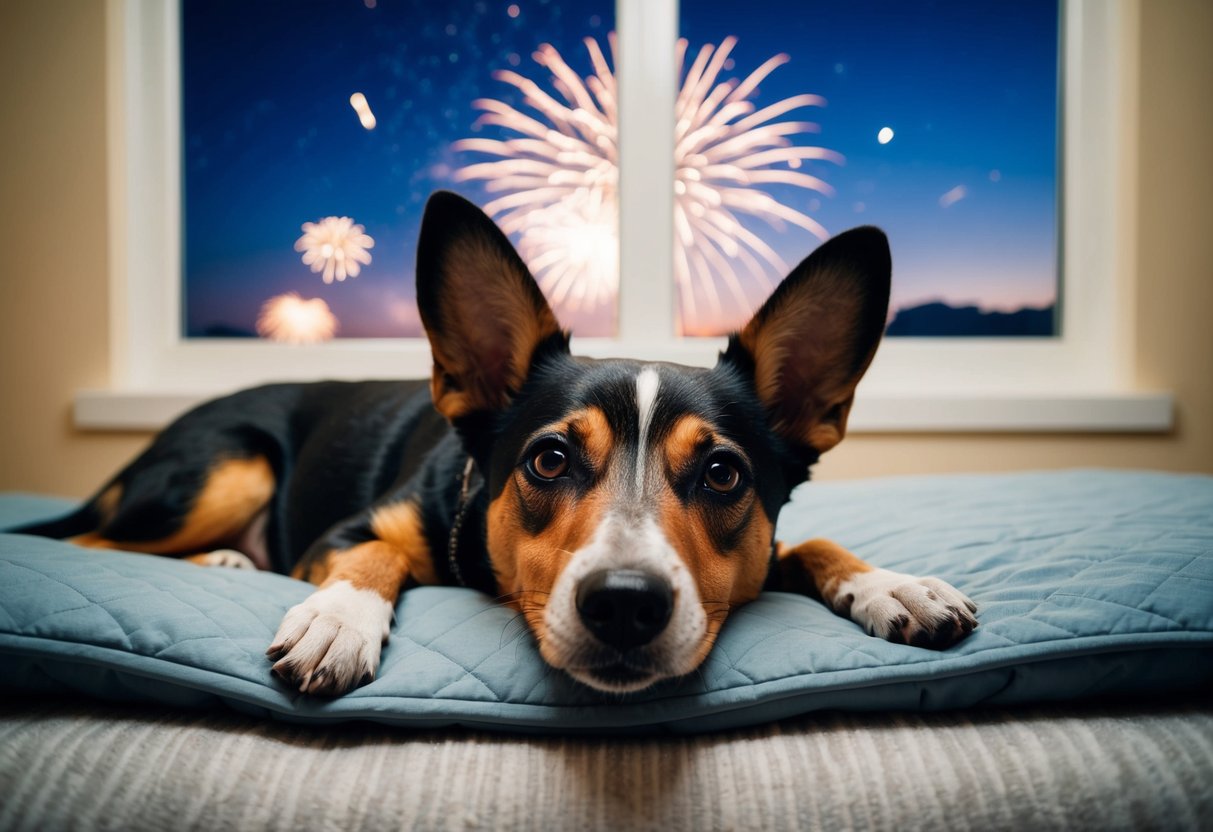 A dog lying on a cozy bed, ears perked up and eyes wide open, with fireworks bursting in the night sky outside the window