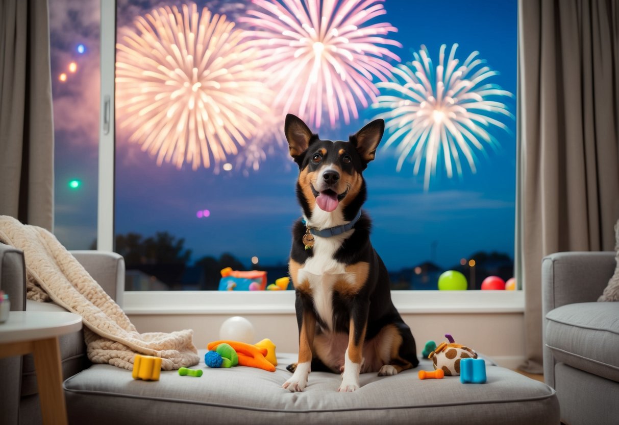 A dog sitting in a cozy living room, surrounded by toys and treats, with calming music playing and a soft blanket to snuggle in. Outside, colorful fireworks light up the sky