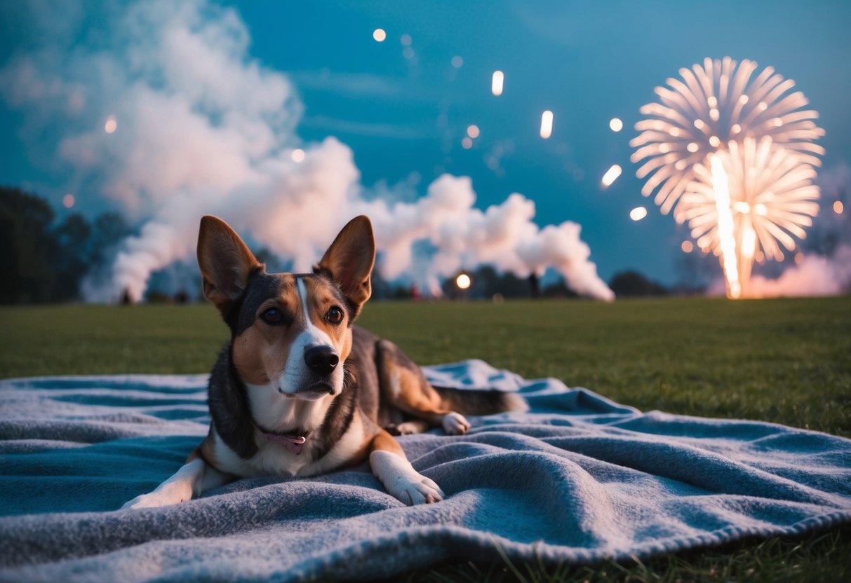 A dog lying on a blanket, ears perked, watching the smoke and sparks from the recently concluded fireworks display