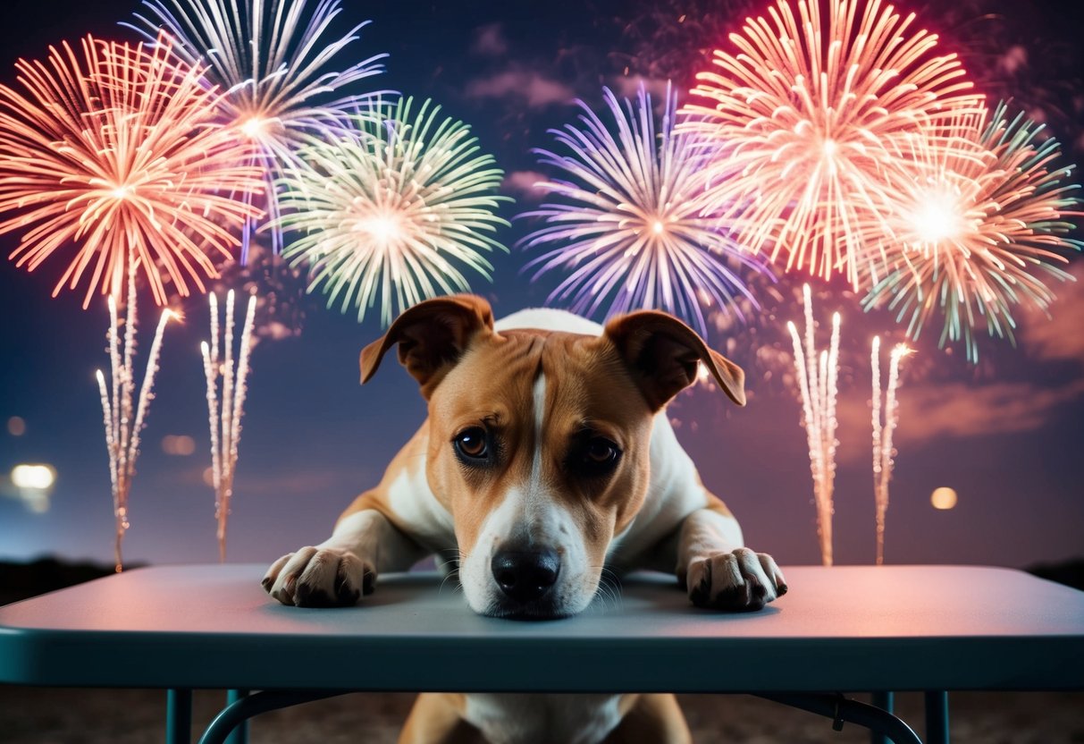 A dog cowers under a table as colorful fireworks explode in the night sky