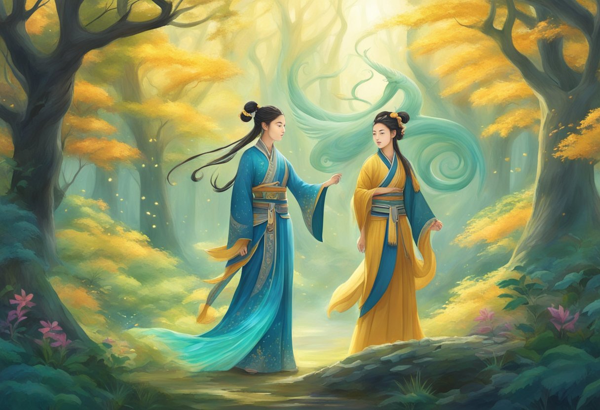 Two mystical creatures, Ki and Qi, stand facing each other in a serene forest clearing, surrounded by swirling energy and vibrant natural elements