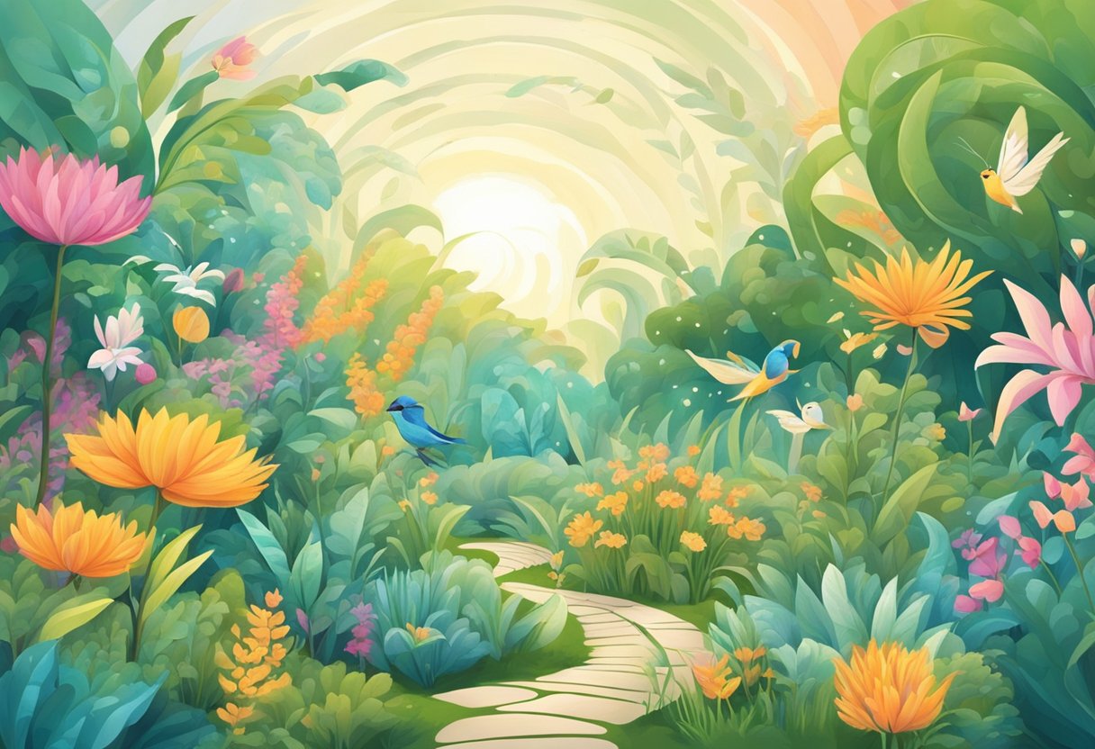 A serene garden with swirling energy patterns among plants and animals