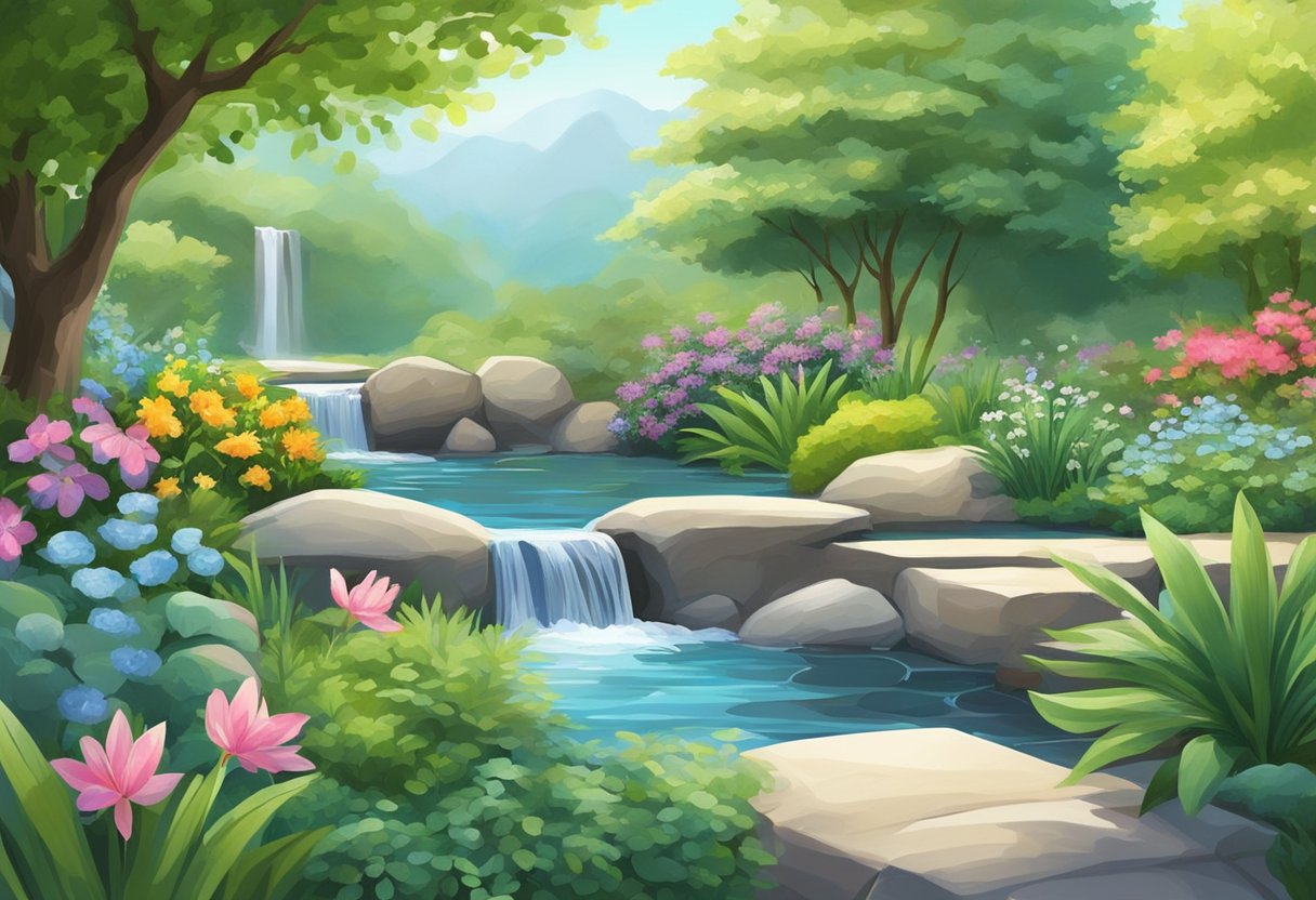 A serene garden with flowing water, gentle breeze, and vibrant plants, showcasing the practical applications of Qi in daily life