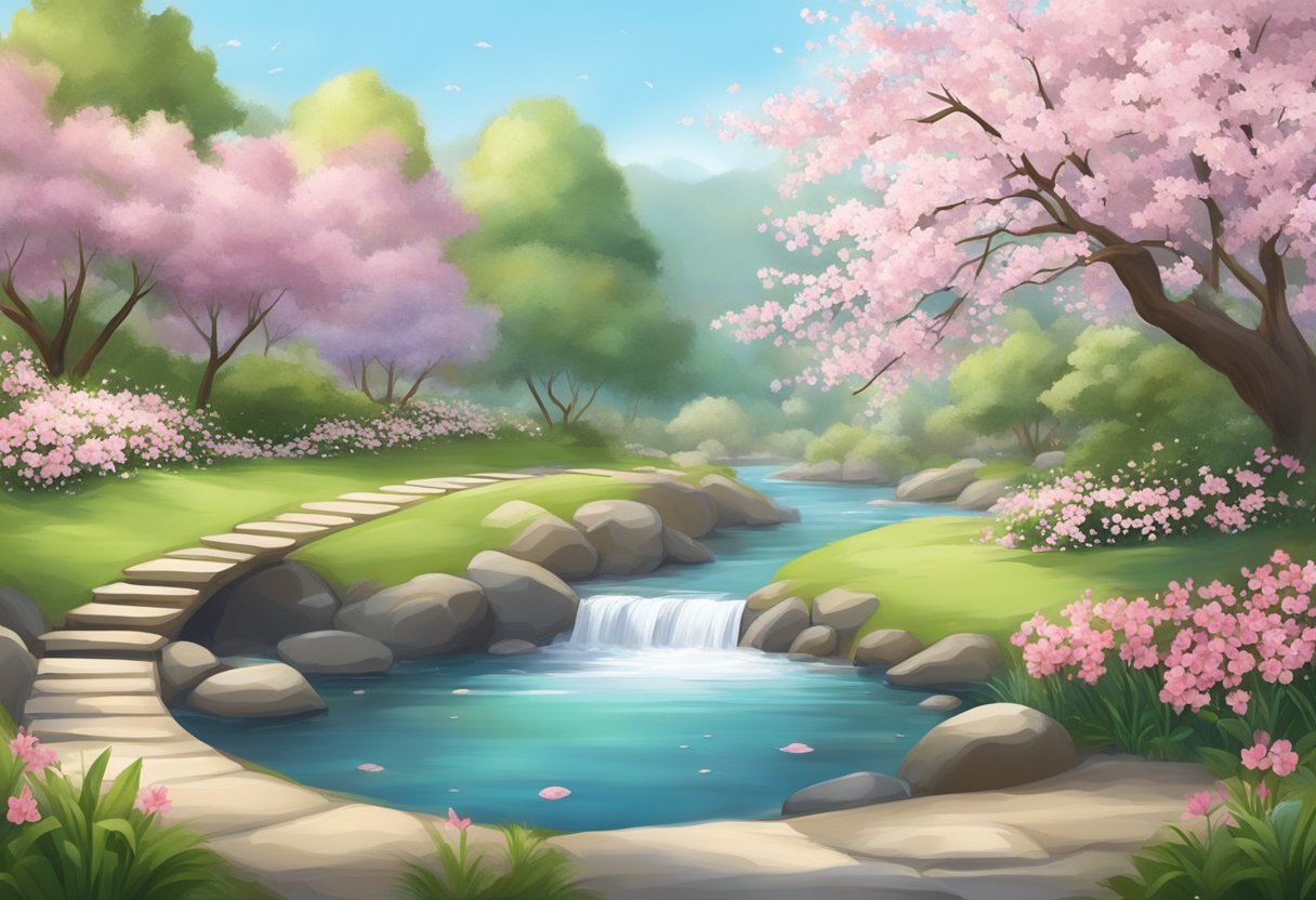 A serene garden setting with a flowing stream, blooming cherry blossoms, and a peaceful atmosphere