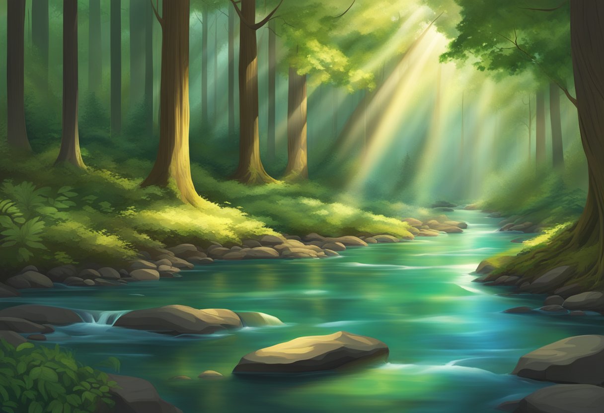 A serene forest with a beam of light shining down onto a tranquil, flowing stream. Surrounding trees are vibrant and lush, exuding a sense of peace and healing energy