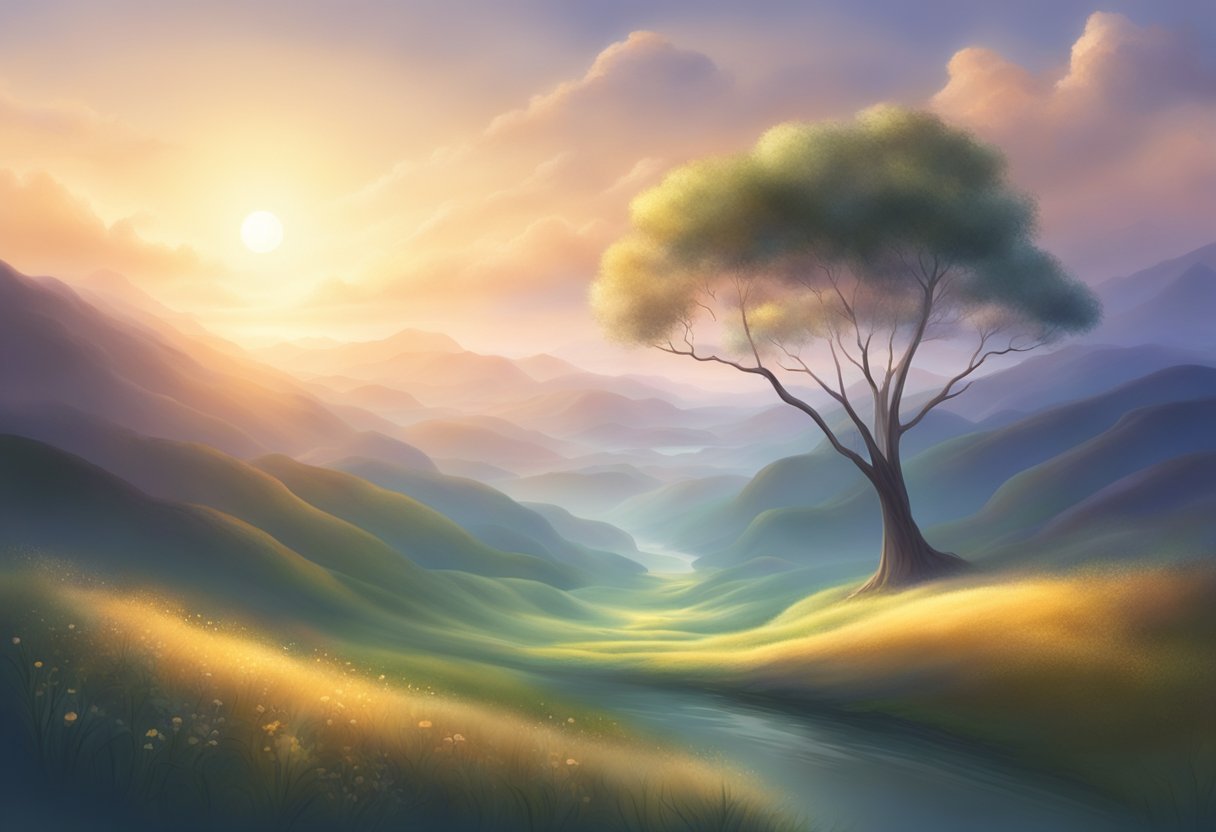 A serene landscape with a glowing, ethereal energy enveloping the surroundings, symbolizing the concept of distance healing and integration