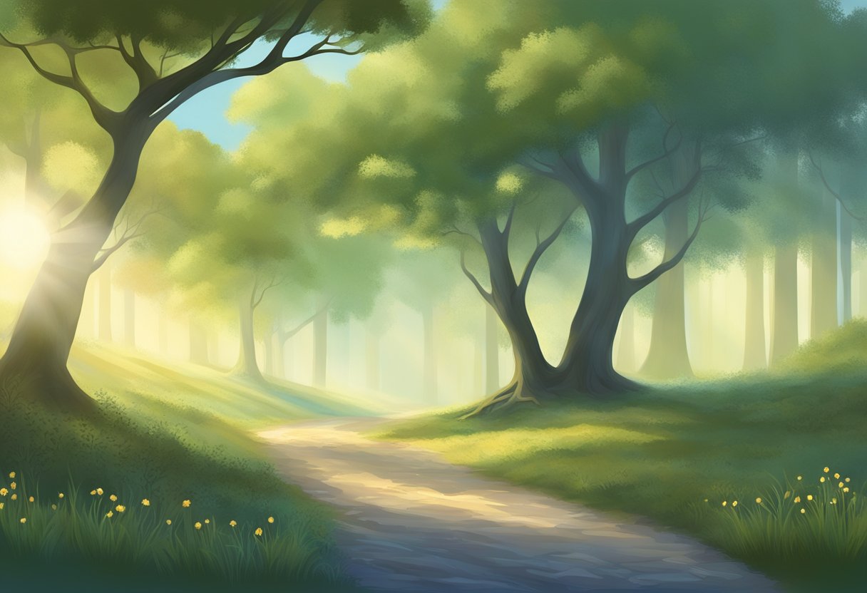 A serene, natural setting with a beam of light connecting two distant locations, symbolizing the practice of distance healing