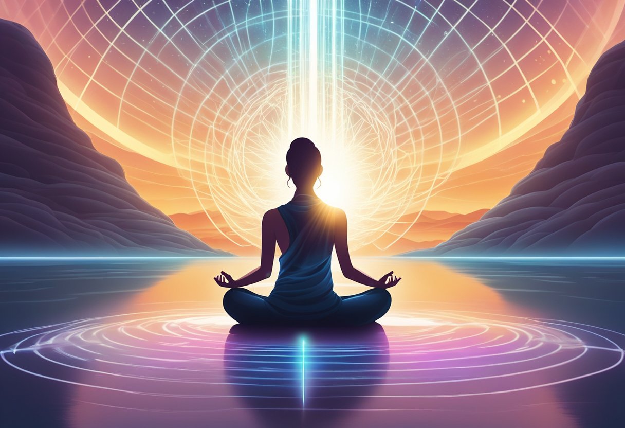 A serene figure meditates in a tranquil setting, surrounded by glowing energy radiating outwards towards distant recipients