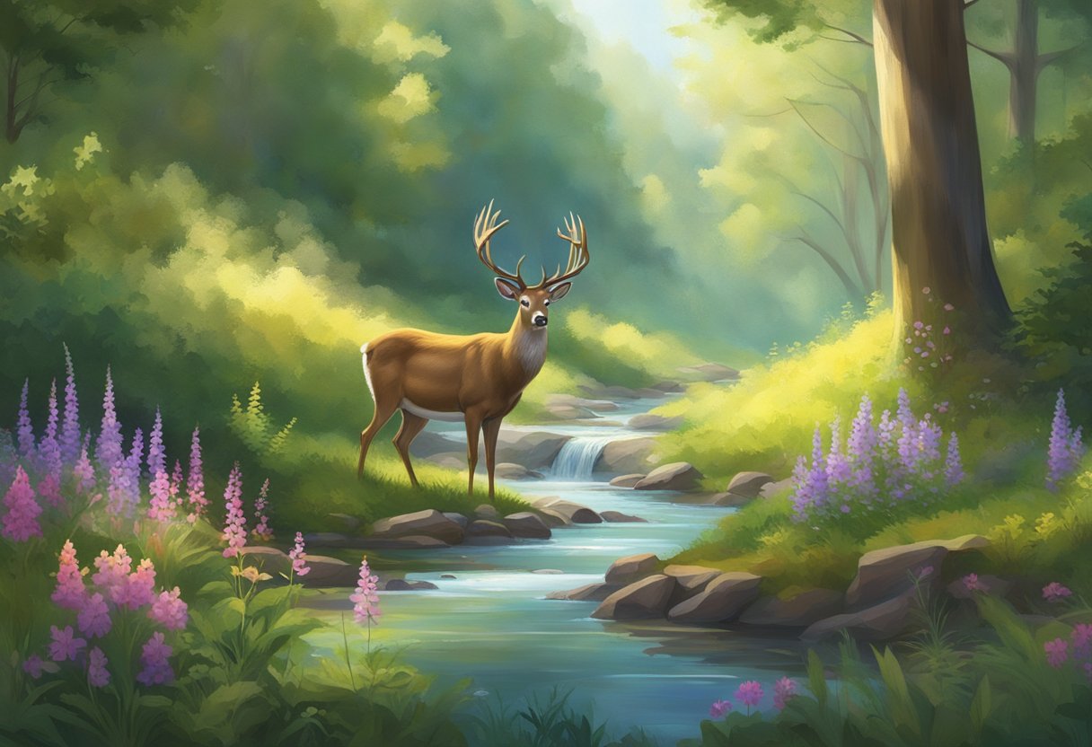 A serene forest glade, bathed in soft sunlight. A gentle stream flows, surrounded by vibrant wildflowers and lush greenery. A deer peacefully rests, surrounded by a calming aura