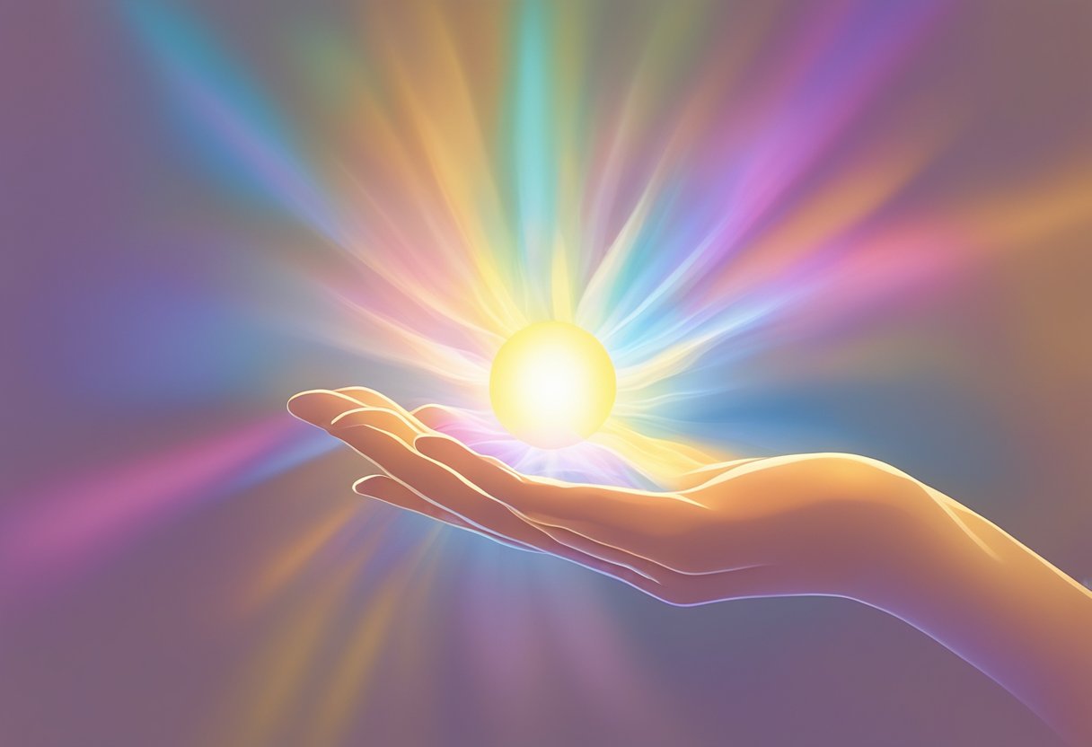 A serene, glowing light emanates from a pair of hands hovering over a soft, colorful aura, symbolizing the proper use of healing touch techniques
