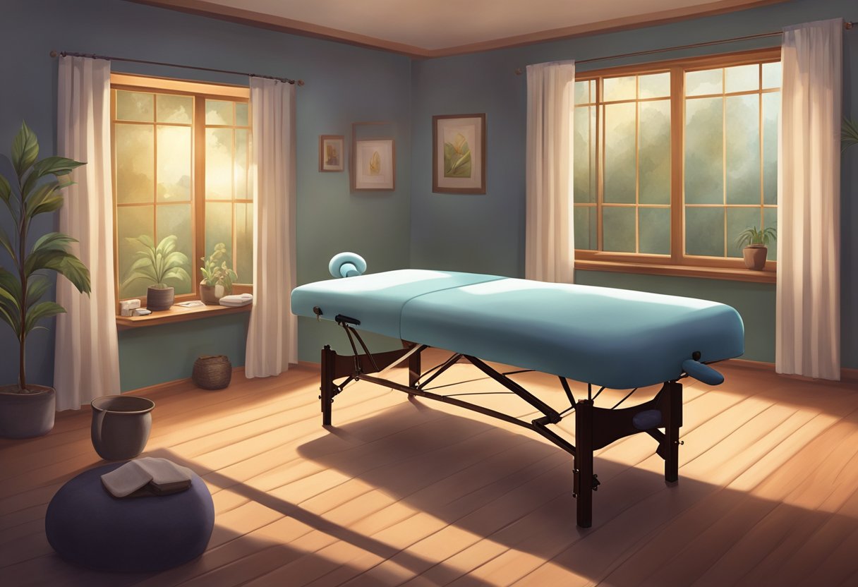A serene, dimly lit room with a massage table, soft music, and a soothing atmosphere, where a practitioner demonstrates the proper use of healing touch techniques