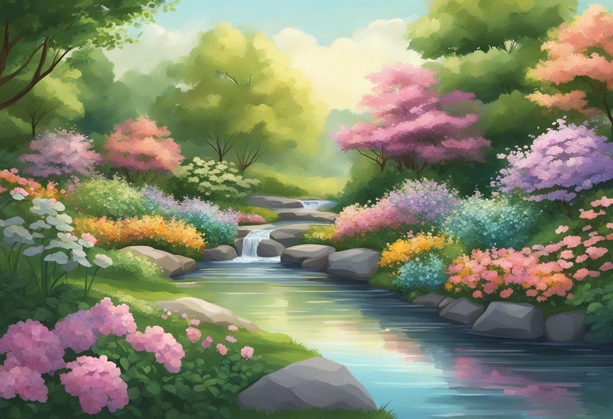 A serene garden with a flowing stream, surrounded by lush greenery and blooming flowers, with a sense of calm and tranquility in the air