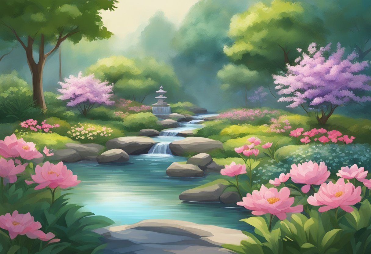 A serene garden with a flowing stream, surrounded by lush greenery and blooming flowers. A figure practices Qigong movements in the peaceful setting