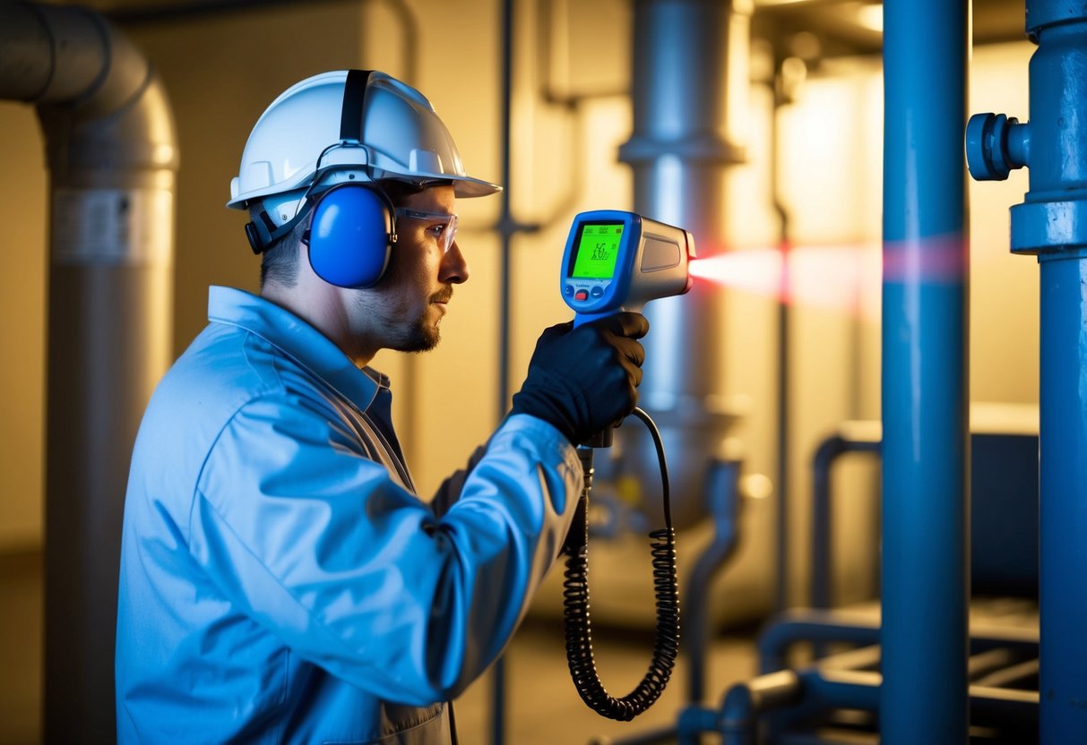 A technician uses an infrared leak detector to pinpoint a gas leak in a dimly lit industrial facility