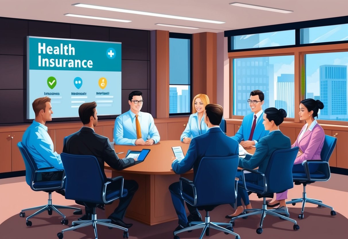 A group of employees discussing health insurance options in an office conference room