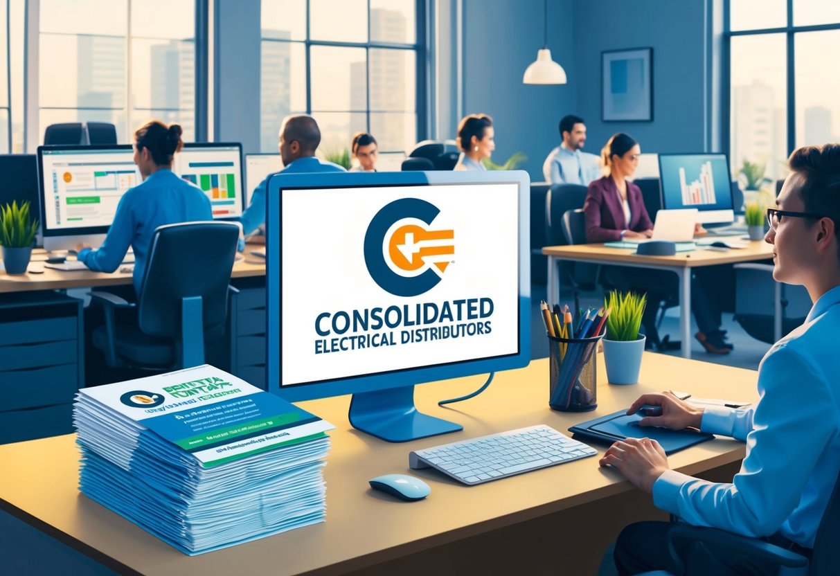 A bustling office with employees at desks, a logo of Consolidated Electrical Distributors displayed on a computer screen, and a stack of health insurance pamphlets on a table