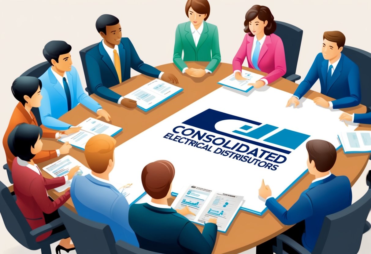 A group of people gathered around a table, discussing financial health programs. A logo of Consolidated Electrical Distributors is displayed on a brochure