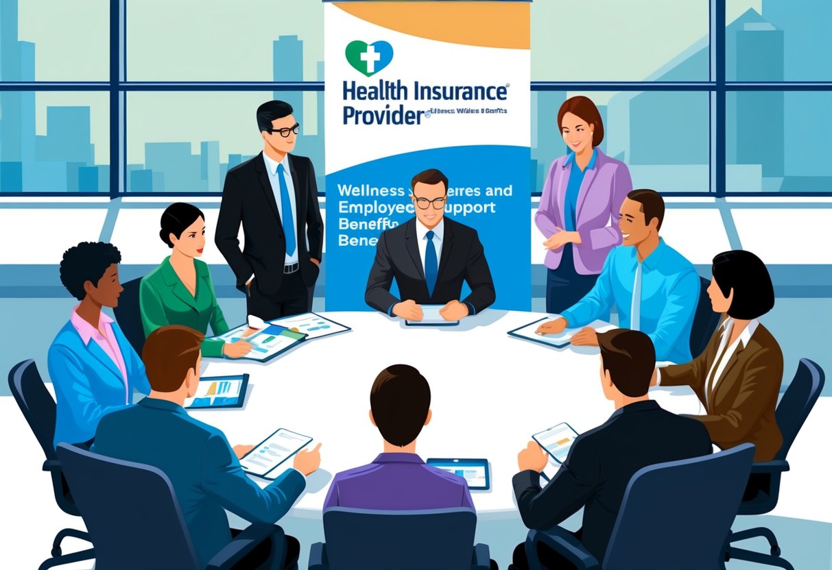 A group of employees gathered around a table, discussing wellness and employee support benefits. A large banner with the company's health insurance provider's logo is displayed prominently in the background