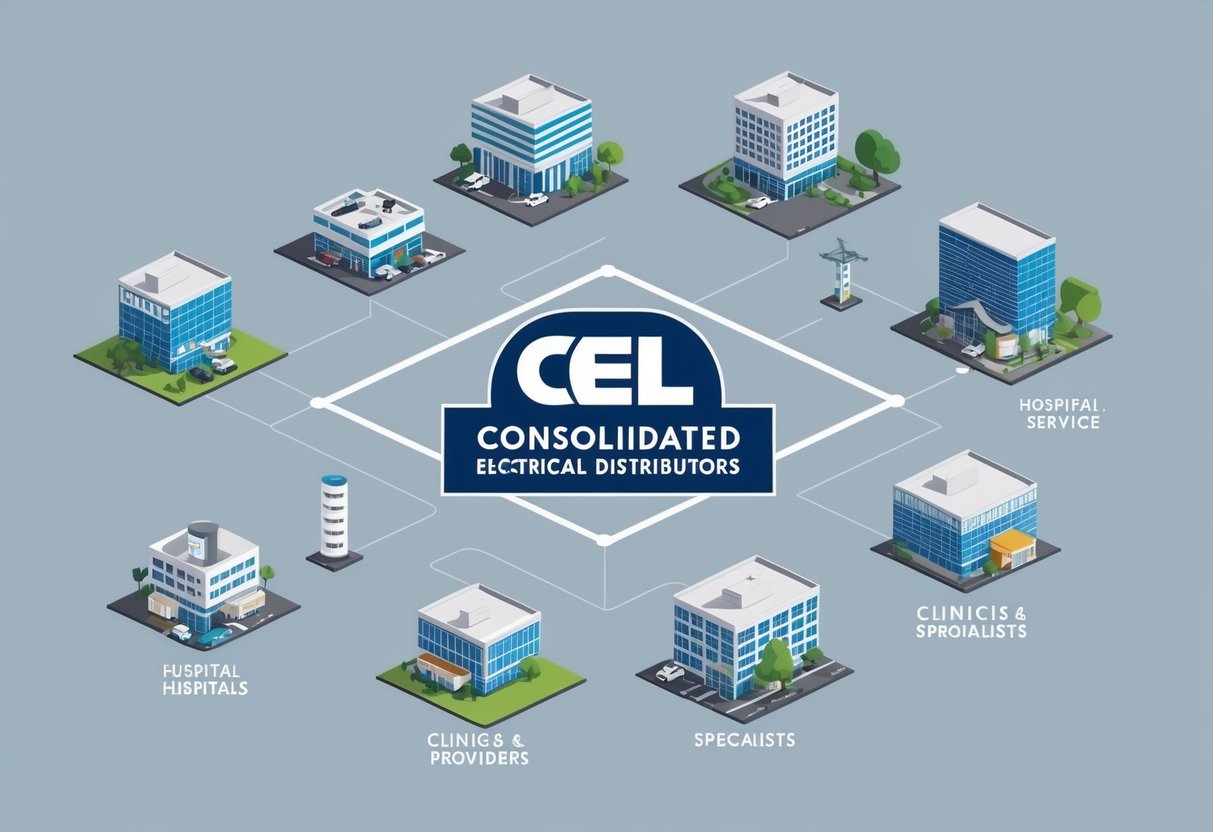 A network of various healthcare providers and services, including hospitals, clinics, and specialists, is depicted with the logo of Consolidated Electrical Distributors prominently displayed