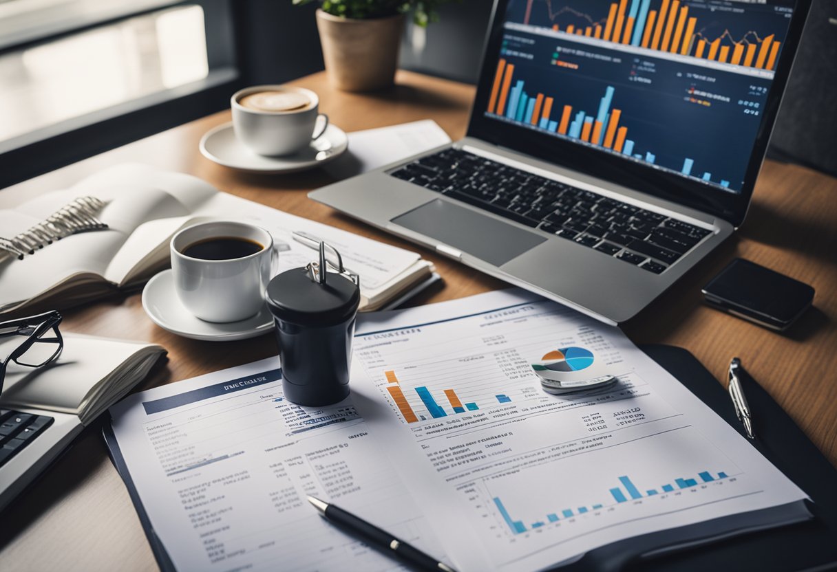 A desk with a laptop, financial charts, and a notepad with calculations. A stack of real estate investment books in the background