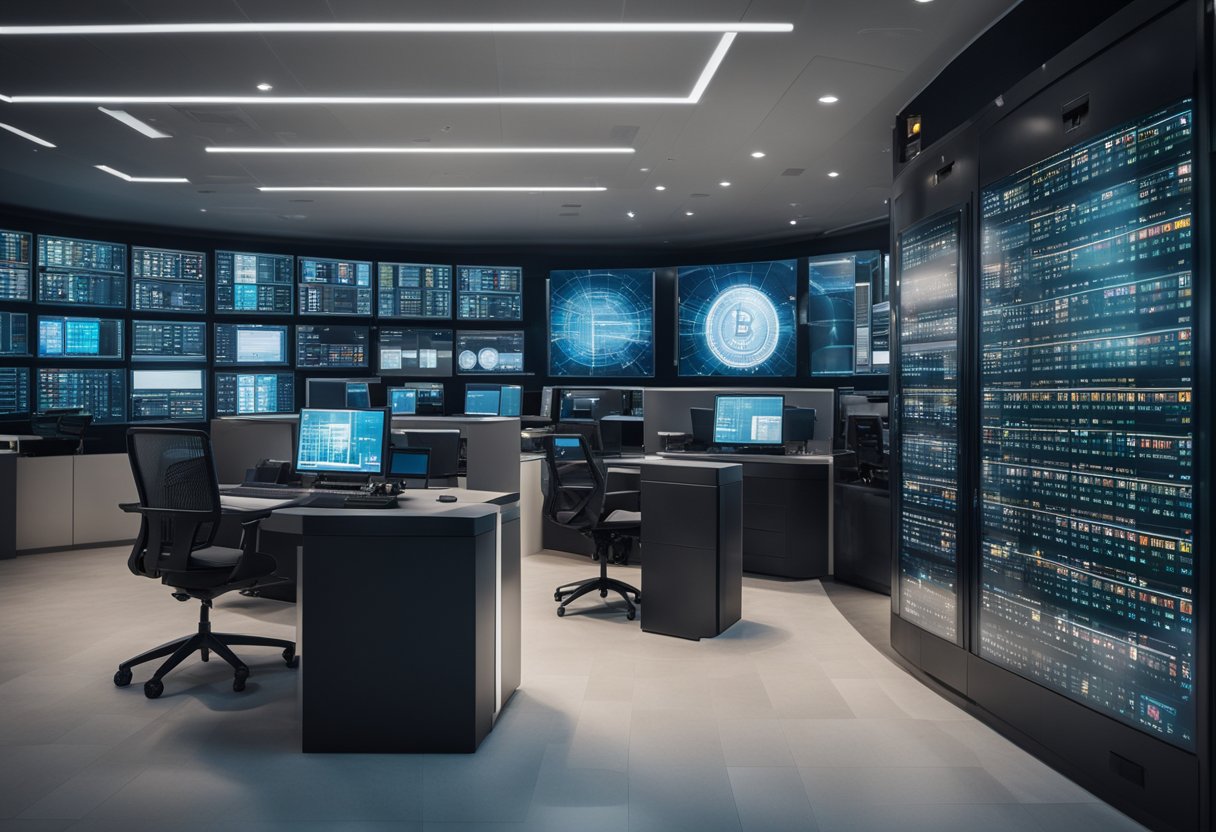 A secure vault surrounded by high-tech security systems, with a digital screen displaying real estate and Bitcoin investment data