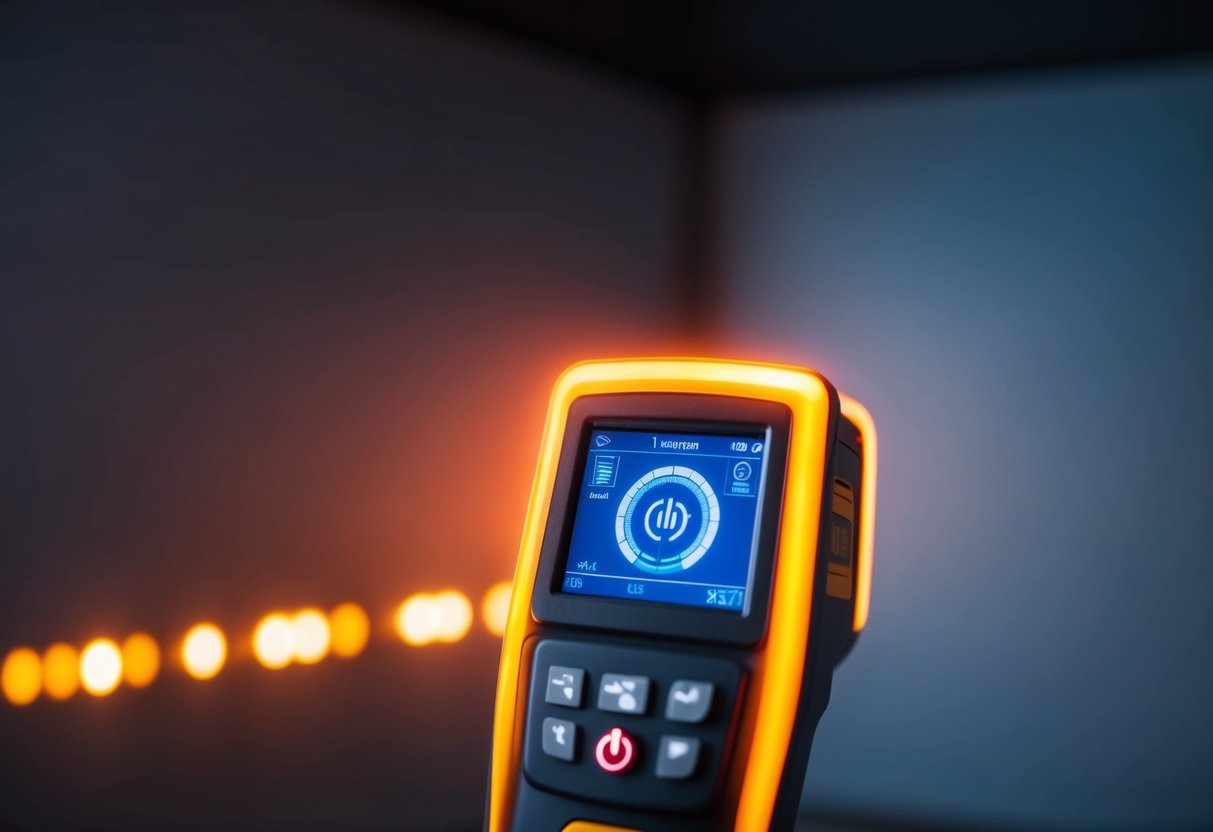 A thermal leak detector scanning a dark room with glowing areas indicating heat leakage