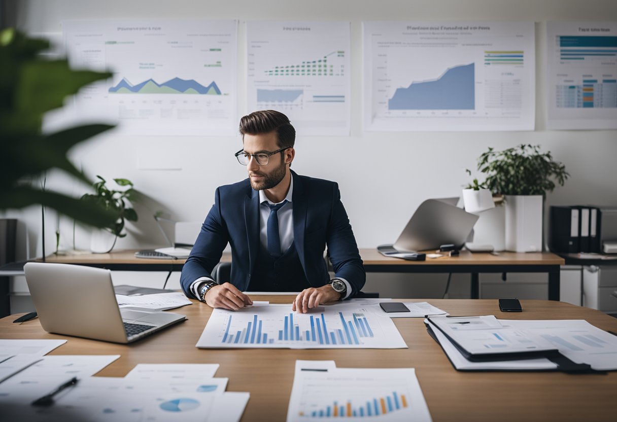 An individual sits at a desk, surrounded by paperwork and a laptop, analyzing rental property data. Graphs and charts are scattered across the workspace