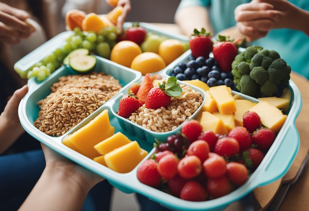 Uma bandeja de almoço colorida cheia de uma refeição balanceada, incluindo frutas, vegetais, grãos integrais e proteínas magras, cercada por crianças felizes e ativas em uma cantina escolar.