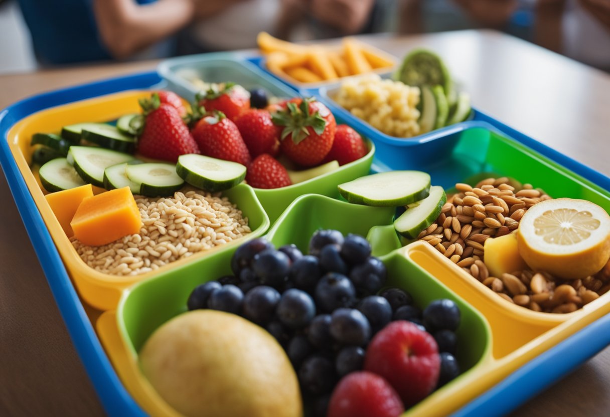 Uma bandeja de cafeteria colorida cheia de uma refeição equilibrada de frutas, vegetais, grãos integrais e proteína magra, cercada por lancheiras e garrafinhas de água de crianças felizes.