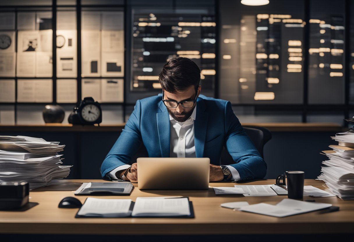 A person sitting at a desk with a laptop, surrounded by papers and charts, deep in thought. A clock on the wall shows the time approaching midnight