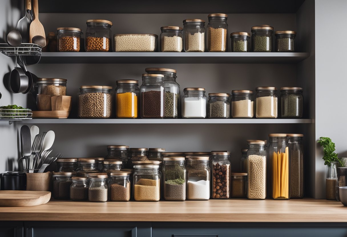 Uma cozinha limpa e organizada, com utensílios de cozinha arrumados de forma ordenada, especiarias e ingredientes sobre o balcão e as prateleiras. Um sistema de armazenamento rotulado para fácil acesso a itens saudáveis de preparação de refeições.