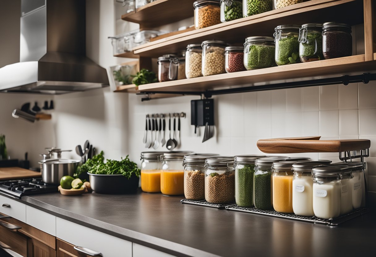 Uma cozinha bem organizada com recipientes etiquetados de ingredientes frescos, uma estação de preparo de refeições com tábuas de cortar e facas, e um calendário com refeições saudáveis planejadas.