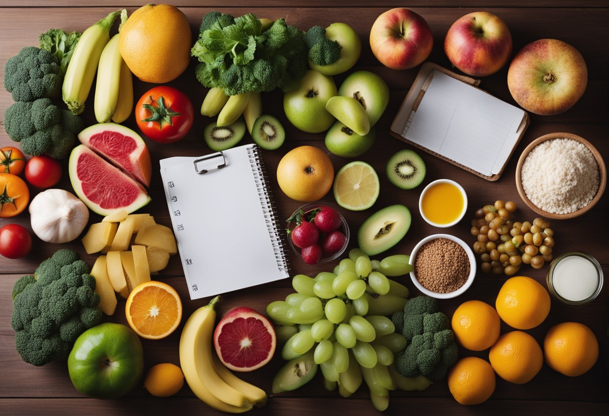 Uma lista de compras bem organizada com itens de comida saudável, cercada por frutas e vegetais coloridos