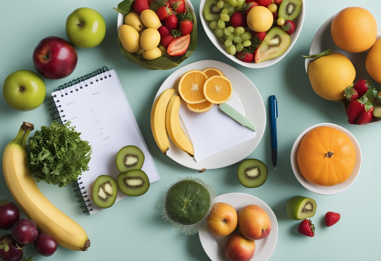 Uma bancada de cozinha com uma variedade de frutas, vegetais e lanches saudáveis dispostos, ao lado de um caderno e uma caneta para fazer uma lista de compras para a dieta.