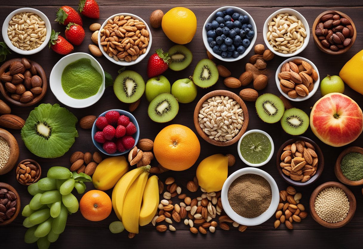 Uma colorida variedade de superalimentos dispostos em uma mesa de madeira, incluindo frutas vibrantes, folhas verdes, nozes e sementes, prontos para serem integrados a uma dieta balanceada.