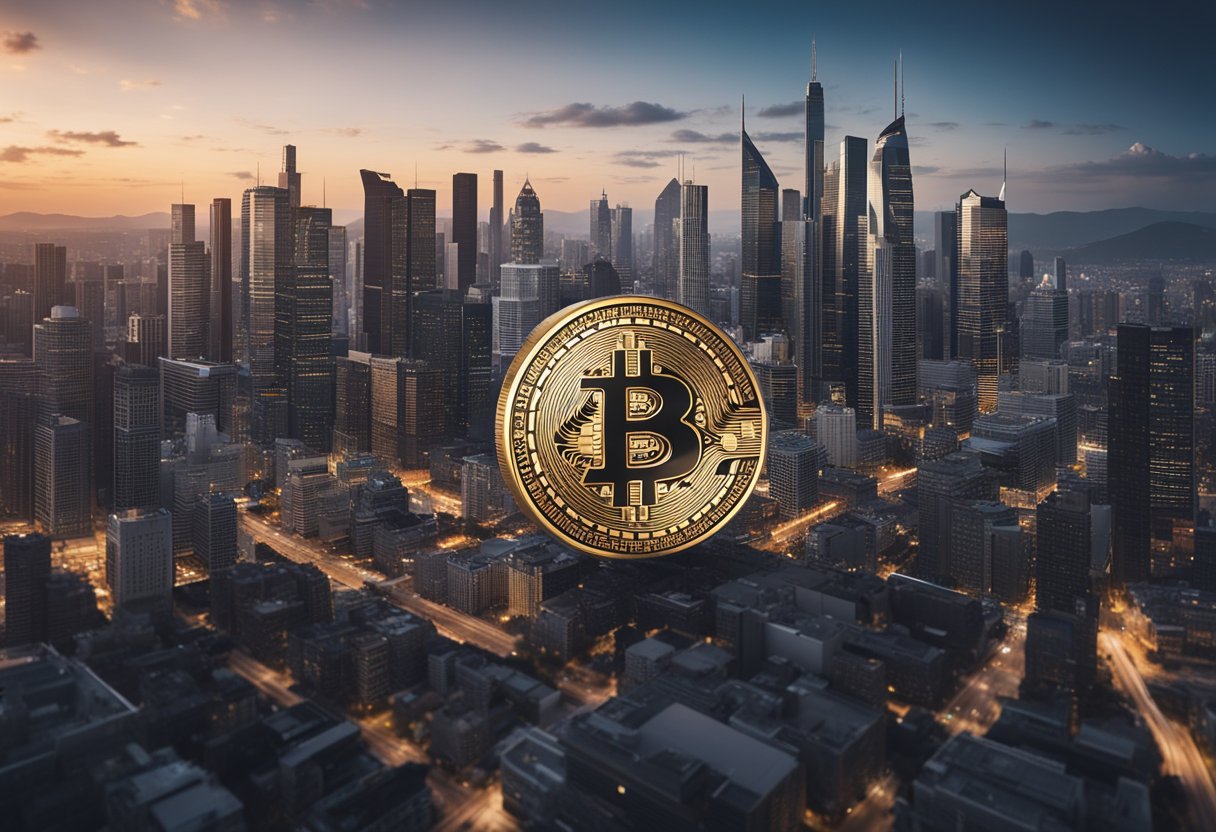 A modern city skyline with a prominent Bitcoin symbol on one side and a row of diverse real estate properties on the other