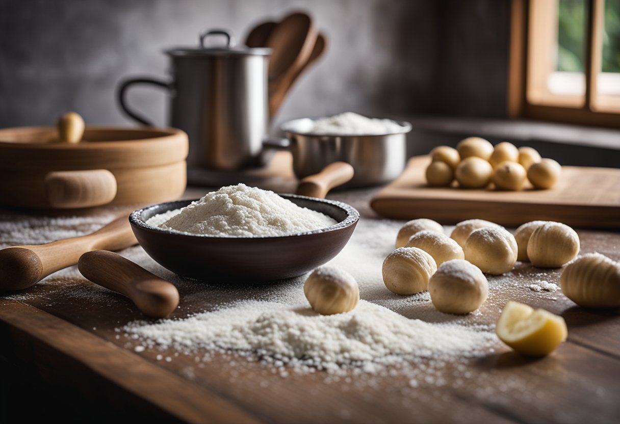 Uma bancada de cozinha rústica com uma superfície de madeira coberta de farinha, um rolo de massa e uma tigela de gnocchi recém-feitos. Uma panela de água fervente vaporiza no fogão.