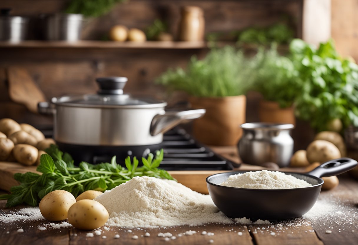 Uma mesa de cozinha rústica com superfície de madeira coberta de farinha, cercada por ervas frescas, batatas e um rolo de massa. Uma panela fumegante de gnocchi borbulha no fogão.