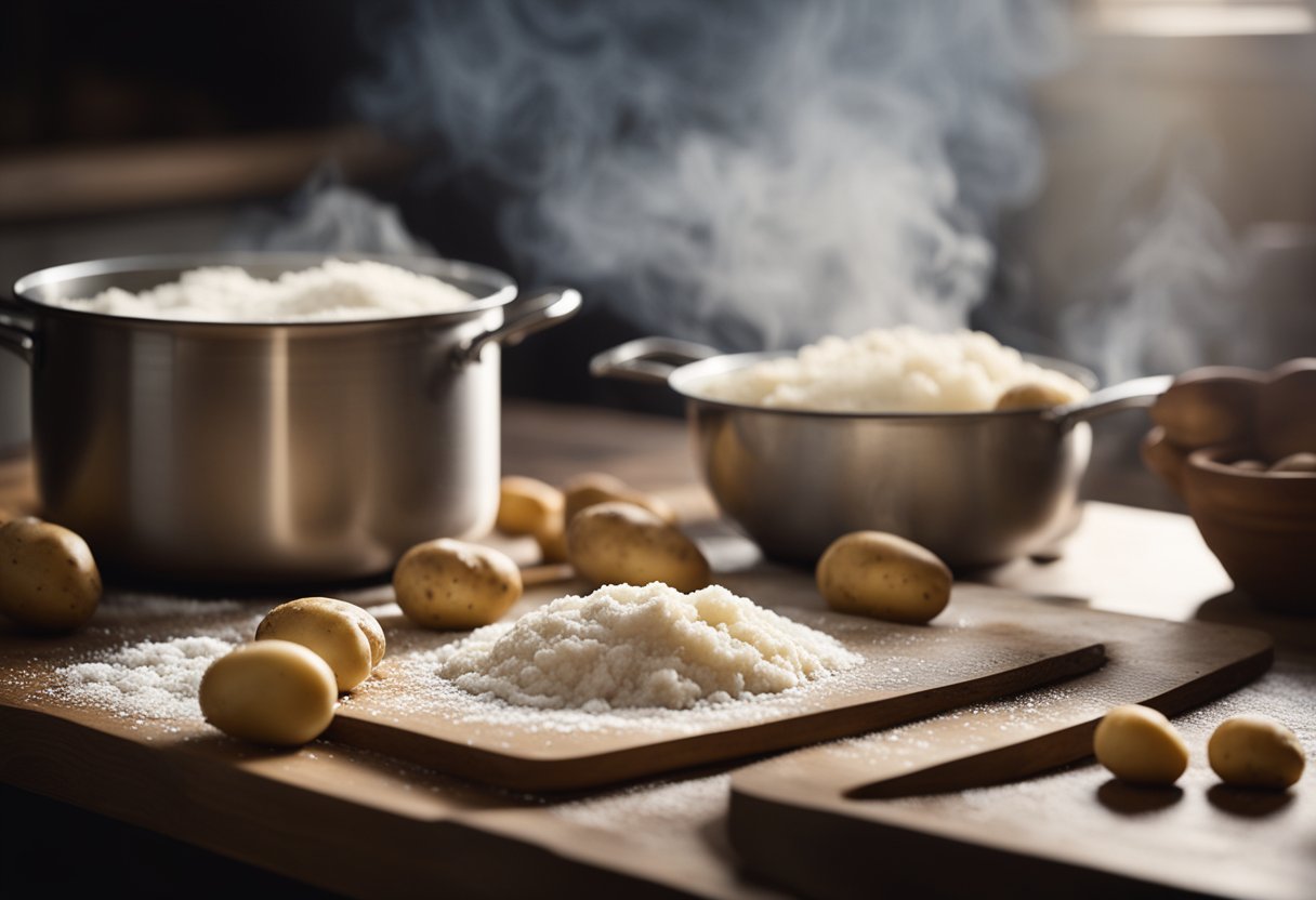 Uma mesa de cozinha rústica com farinha espalhada, batatas e um rolo de massa de madeira. Uma panela de água fervente solta vapor no fogão. Um livro de receitas desgastado está aberto em uma página sobre gnocchi autêntico.